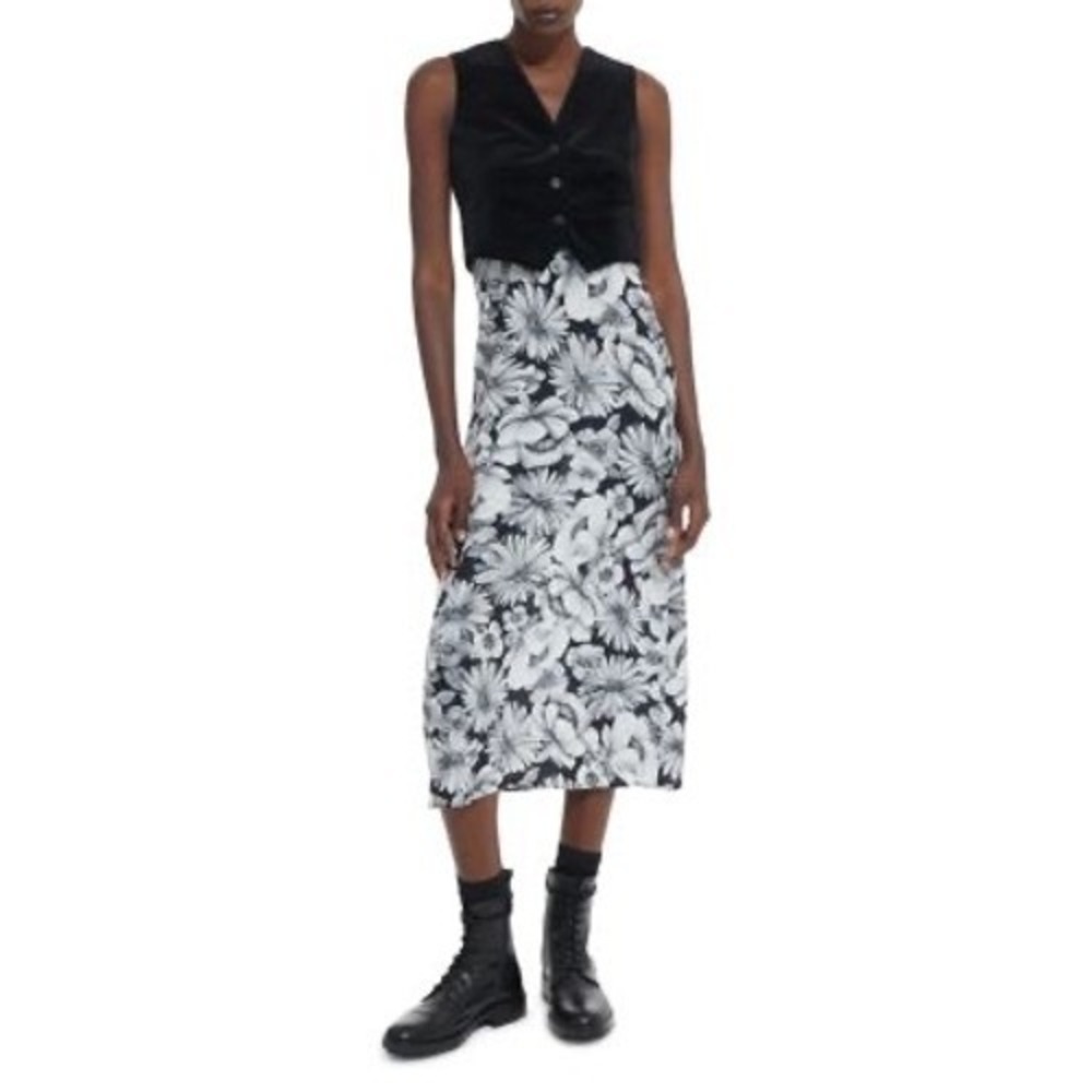 The Kooples Black Velvet Vest Floral Silk Skirt Midi Dress Size M